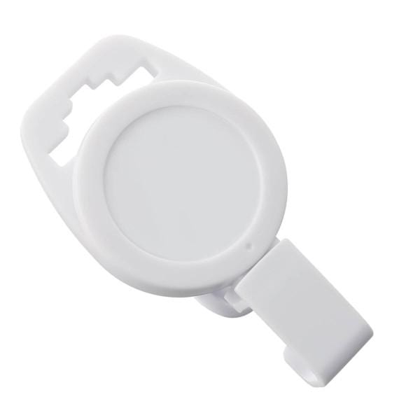 White plastic clip with a round center and two rectangular slots on one end, designed as an MRI Safe Badge Reel - Non-Ferrous Metal Retractable Badge Clips with No Twist ID Holder Clip for Imaging Room Techs & Nurses for secure attachment in sensitive environments.