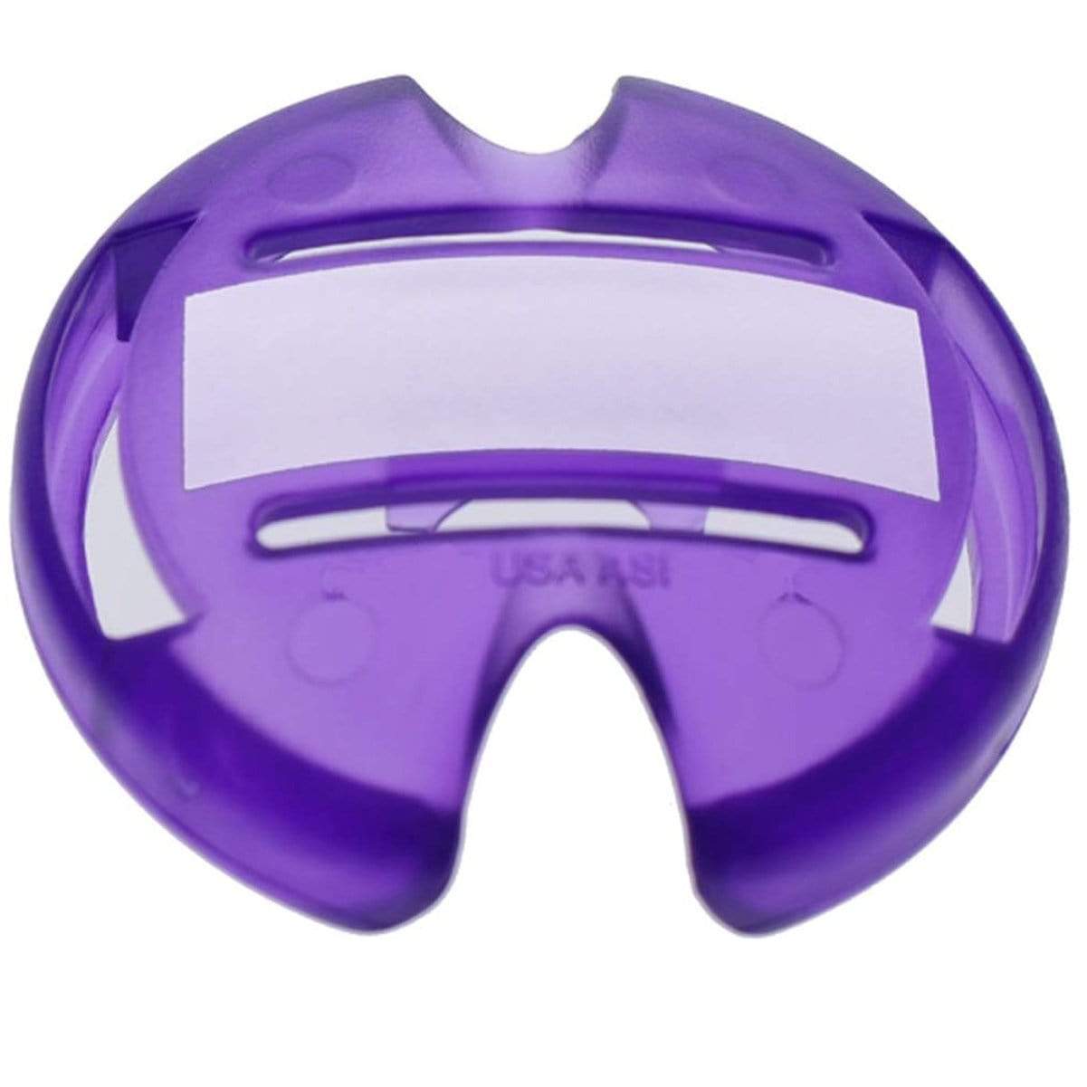 A purple plastic Stethoscope ID Tag Covers with Writable Surface (SPID-3820) with a center slit, a small notch on top, and customizable attachments to personalize your stethoscope.