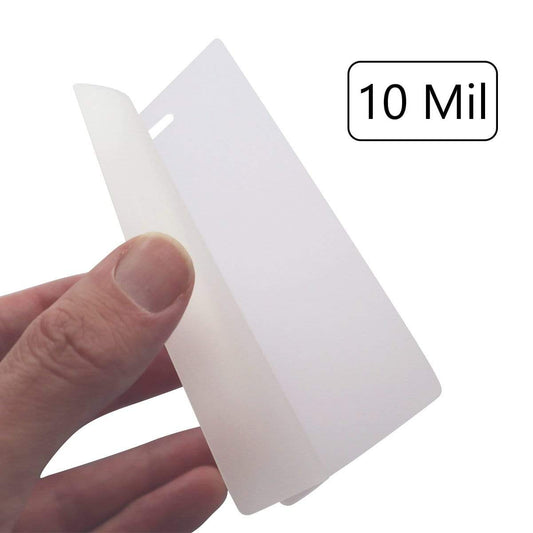 A hand holds a transparent plastic sheet with a 10 mil thickness label in the top right corner, ideal for use as a 10 Mil Heavy Duty Laminating Pouch for 2.5" x 4.25" Luggage Tags or ID with Vertical Slot Hole.