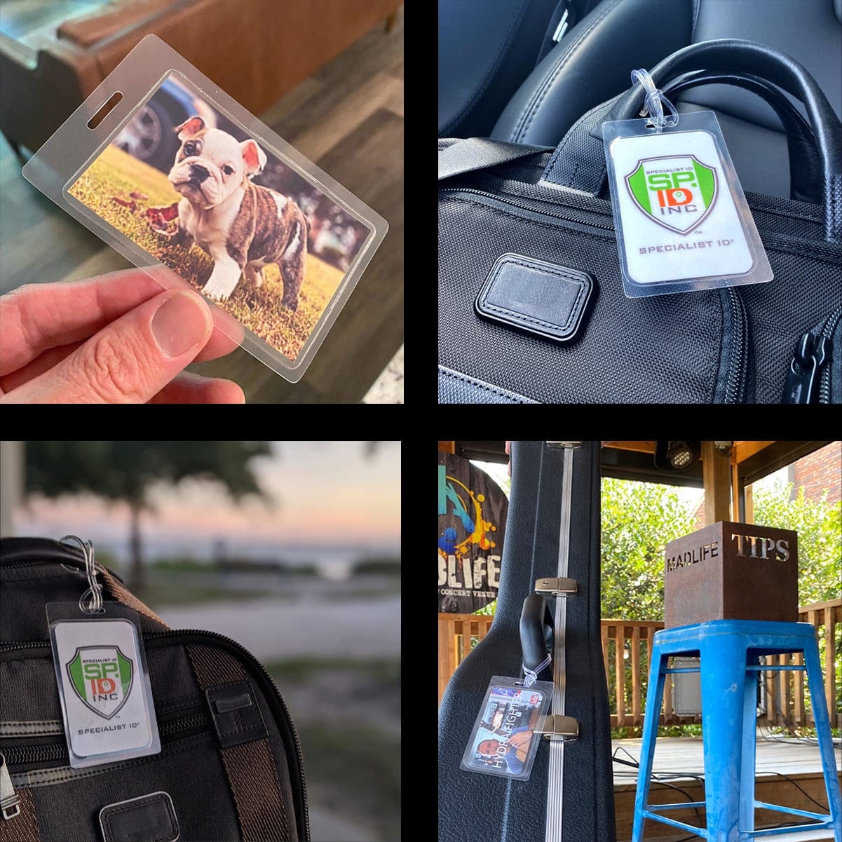 A series of four images showcases 10 Mil Heavy Duty Laminating Pouch for 2.5" x 4.25" Luggage Tags or ID with Vertical Slot Hole from Specialty ID. The top left tag features a picture of a bulldog puppy, while the other three tags serve as DIY supply accessories attached to different bags and a guitar case.