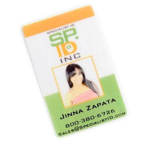 An ID card for Specialist ID Inc. features a photo, the name "Jinna Zapata," contact number "800-380-6726," and email "sales@specialistid.com." This credit card sized ID badge offers excellent ID badge protection with a sleek Self Adhesive UV Protecting Overlay (SPID-9001) for durability.