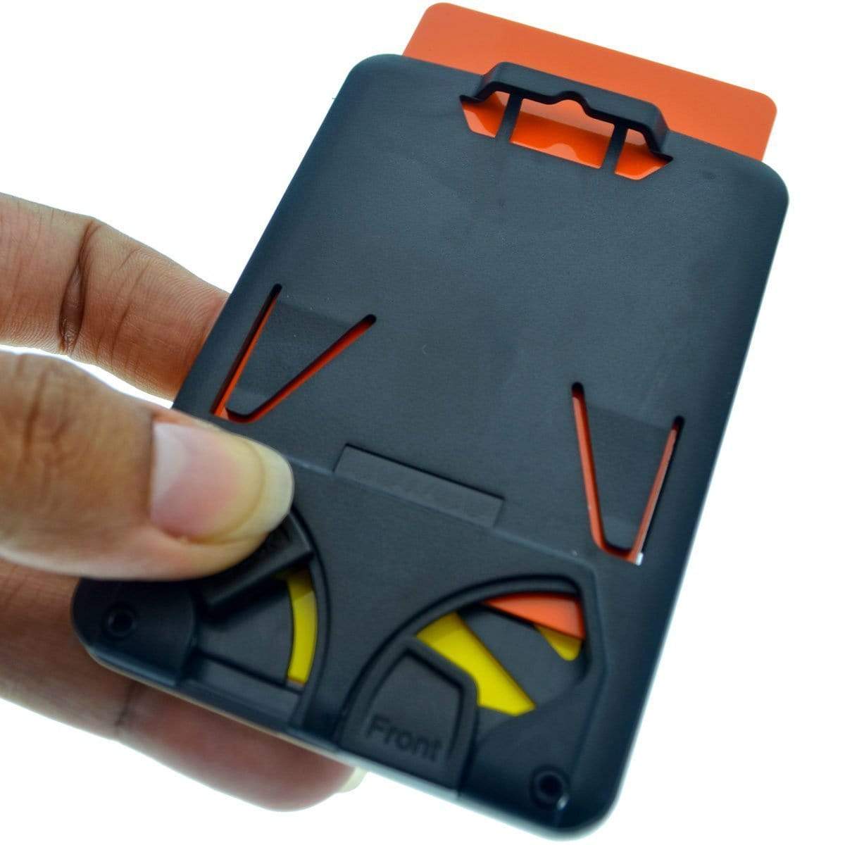 A person holds a Top Loading THREE ID Card Badge Holder with Heavy Duty Lanyard w/ Detachable Metal Clip and Key Ring by Specialist ID, a black and orange wallet-sized multitool with various functions, including slots and components for different tools. Integrated seamlessly, it also features a badge holder for ID cards.