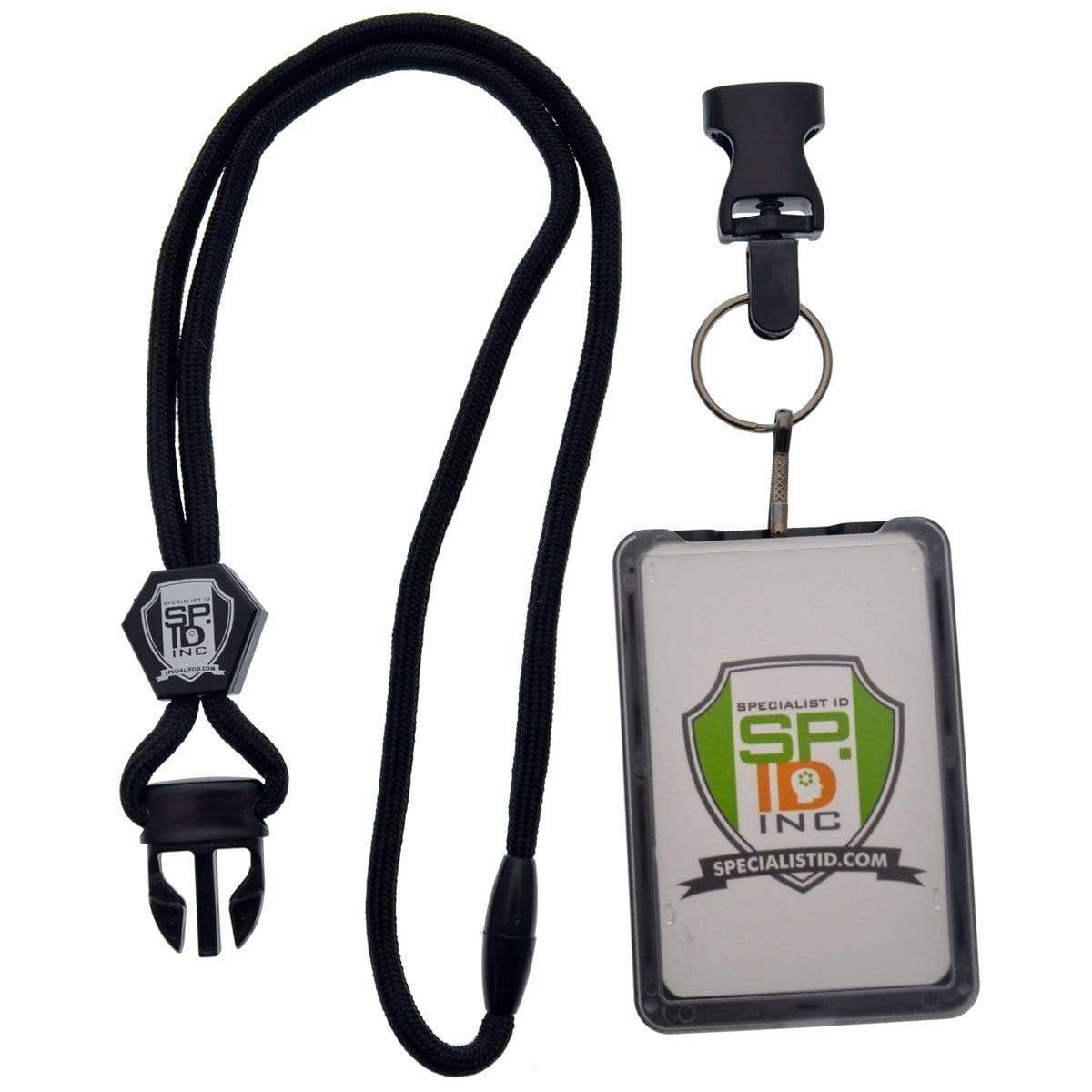 A Top Loading THREE ID Card Badge Holder with Heavy Duty Lanyard w/ Detachable Metal Clip and Key Ring by Specialist ID, displaying the logo and website of Special ID Inc.