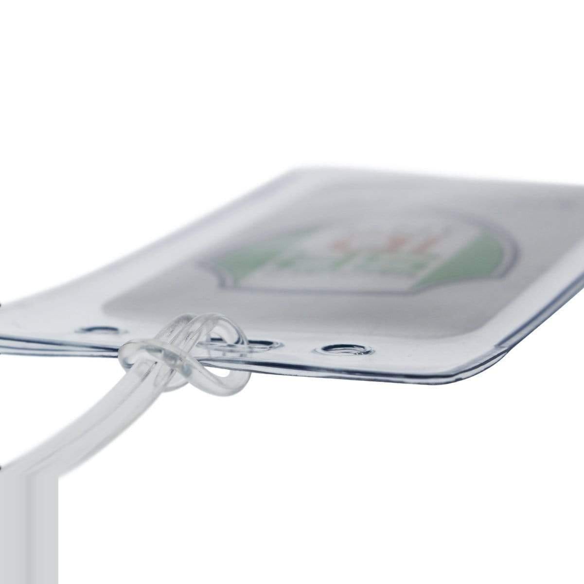 A close-up view of a transparent plastic luggage tag with a clear strap attached to one end. The tag contains a paper insert with partially visible text and comes equipped with Clear Plastic Luggage Loop Straps 6 Inch - Durable Worm Loops (2410-2000) for added convenience.
