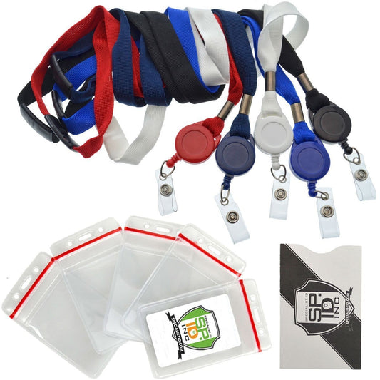 5 Pack - Cruisin Through Lifeâ„¢ Retractable Badge Holders - Great for Your Cabin Cards (Family Pack) in red, blue, and white colors, perfect for your ID Badge and Prox Card Needs. Includes clear plastic badge holders and a business card.