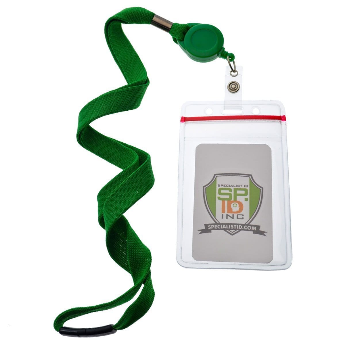 A green lanyard with a badge attached to it, ideal for all your 5 Pack - Cruisin Through Life™ Retractable Badge Holders - Great for Your Cabin Cards (Family Pack) Needs.