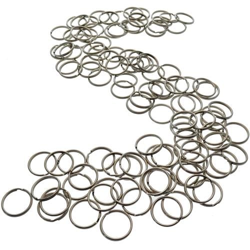 A collection of 100 Round Split Ring Key Chains - 1" Inch Size - Heavy Duty Premium Key Rings in Bulk (SPID-9230) arranged in the shape of the letter "S" on a white background.