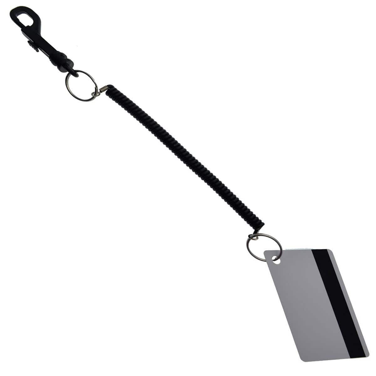 A Bungee Coil Keychain Lanyard with Black Stretchy Elastic Cord for Key or Swipe Card attached to a black coiled lanyard with a black clip at the end, featuring a stretchy elastic cord for added flexibility.