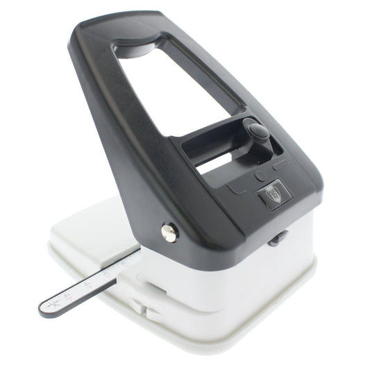 A black and white 3-in1 ID Card Slot Punch w/ 1 hole Punch and Corner Rounder with an adjustable guide for aligning paper, perfect for organizing documents or prepping ID cards. Sold by Specialist ID.
