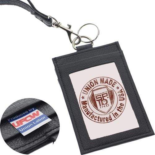A Heavy Duty Union Made Genuine Leather ID Badge Holder Wallet & Lanyard (SPID-9590-BLACK) with a visible label saying "Union Made Manufactured in the USA" and a smaller round label reading "Produced by UFCW Union Labor." This heavy-duty ID badge wallet is attached to a durable lanyard.