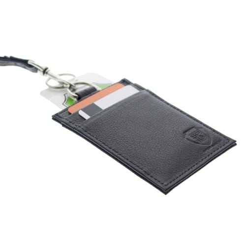 A black, Heavy Duty Union Made Genuine Leather ID Badge Holder Wallet & Lanyard (SPID-9590-BLACK), containing several cards partially visible from the top.