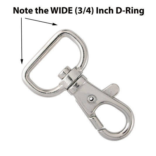 Close-up of a Premium Metal Lobster Claw Clasps with Wide ¾ Inch D Ring and 360 Swivel Snap Clasp Trigger ID / Key Clip (6920-2360), ideal for lanyard making. Text indicates the D-ring is 3/4 inch wide.