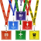 Seven School Hall Pass Lanyards WITH UNBREAKABLE CARD PASSES (SPID-9800) with waterproof laminated passes and safety breakaway lanyards: two blue for library, one purple for restroom, one red for restroom, one green for nurse, one yellow for office, and one orange for hall.