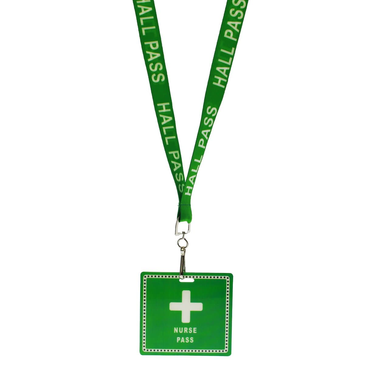 Green lanyard with "HALL PASS" text and a green, waterproof laminated pass card at the end labeled "NURSE PASS" with a white medical cross, from the product line School Hall Pass Lanyards WITH UNBREAKABLE CARD PASSES (SPID-9800).