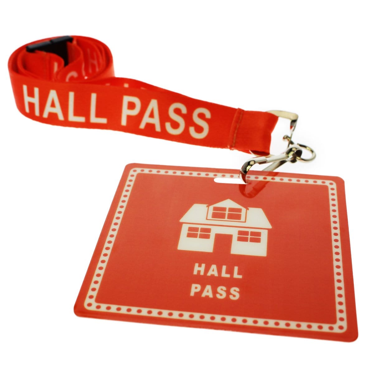 Red School Hall Pass Lanyards WITH UNBREAKABLE CARD PASSES (SPID-9800) with a house icon on a safety breakaway lanyard featuring repeated "HALL PASS" text and made from durable, waterproof laminated passes.