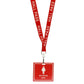 A School Hall Pass Lanyards WITH UNBREAKABLE CARD PASSES (SPID-9800) red lanyard with "HALL PASS" printed on it, featuring a safety breakaway design. It holds a waterproof laminated red square tag labeled "RESTROOM PASS" with a gender-neutral restroom icon.