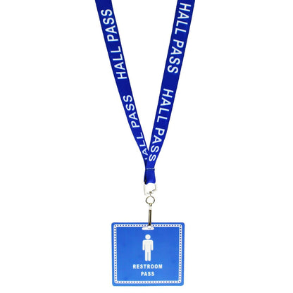 A blue lanyard with a safety breakaway feature holds a School Hall Pass Lanyards WITH UNBREAKABLE CARD PASSES (SPID-9800) featuring "HALL PASS" text and a white male restroom symbol.