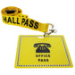 A yellow safety breakaway lanyard with the text "HALL PASS" is attached to a School Hall Pass Lanyards WITH UNBREAKABLE CARD PASSES (SPID-9800) labeled "OFFICE PASS" with a black telephone icon.