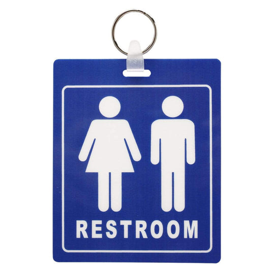 A blue and white Unisex Restroom Pass Keychain - Bathroom Tag with Key Chain Ring - Heavy Duty Large Passes for Unisex & Family Restrooms with Key Holder (Sold in 2 Pack) (SPID-9840-Blue) with icons of a woman and a man and the word "RESTROOM" below. The durable sign has a keyring attached at the top.