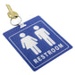 A restroom key attached to a keychain with a blue sign showing male and female restroom symbols serves as a convenient Unisex Restroom Pass Keychain - Bathroom Tag with Key Chain Ring - Heavy Duty Large Passes for Unisex & Family Restrooms with Key Holder (Sold in 2 Pack) (SPID-9840-Blue).