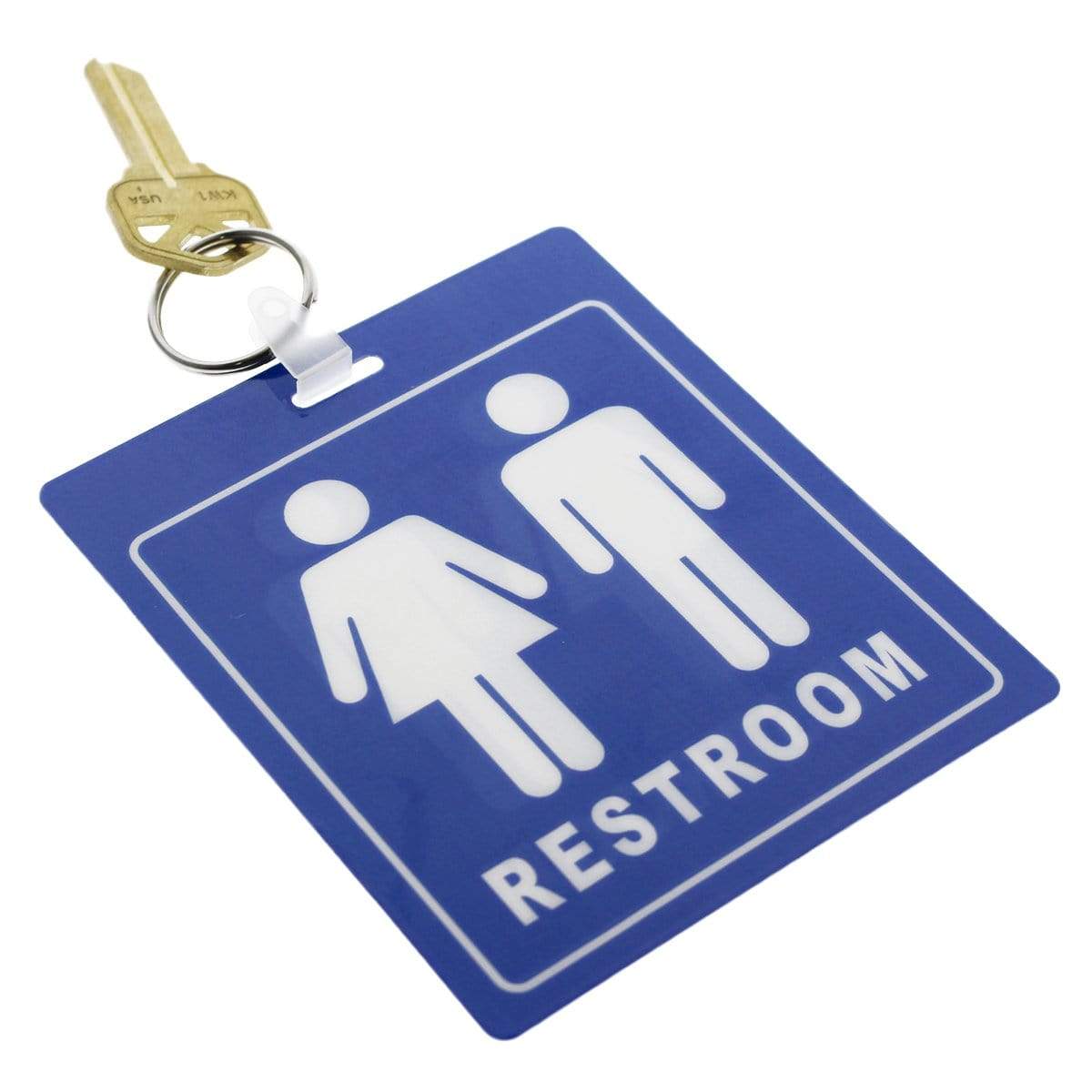 A restroom key attached to a keychain with a blue sign showing male and female restroom symbols serves as a convenient Unisex Restroom Pass Keychain - Bathroom Tag with Key Chain Ring - Heavy Duty Large Passes for Unisex & Family Restrooms with Key Holder (Sold in 2 Pack) (SPID-9840-Blue).
