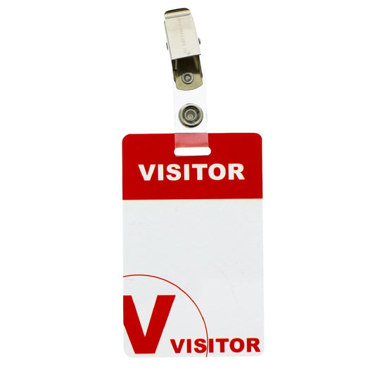 Red and white reusable Visitor Passes with Clothing Friendly Badge Clip, featuring the word "VISITOR" in bold at the top and a large letter "V" at the bottom. Ideal for visitor name tags, it can be customized with a dry-erase marker.