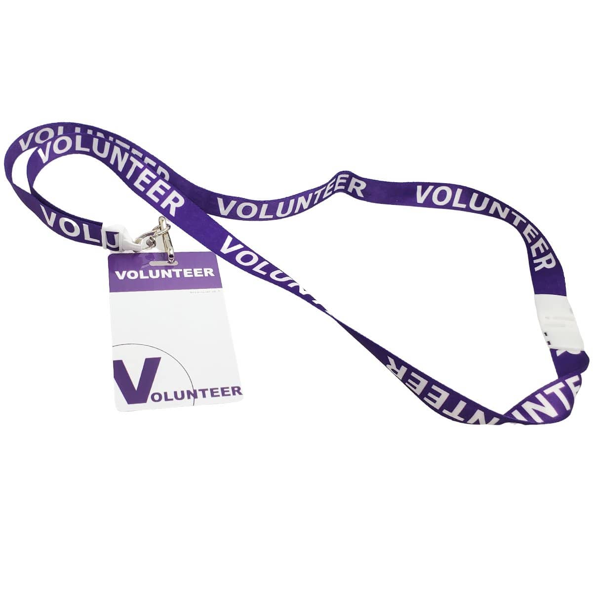 A 10 Pack - Volunteer Lanyard with Badge Set - Pre-Printed Volunteer Design - Dual Sided with the word "VOLUNTEER" printed in white, attached to a matching badge holder labeled "VOLUNTEER.