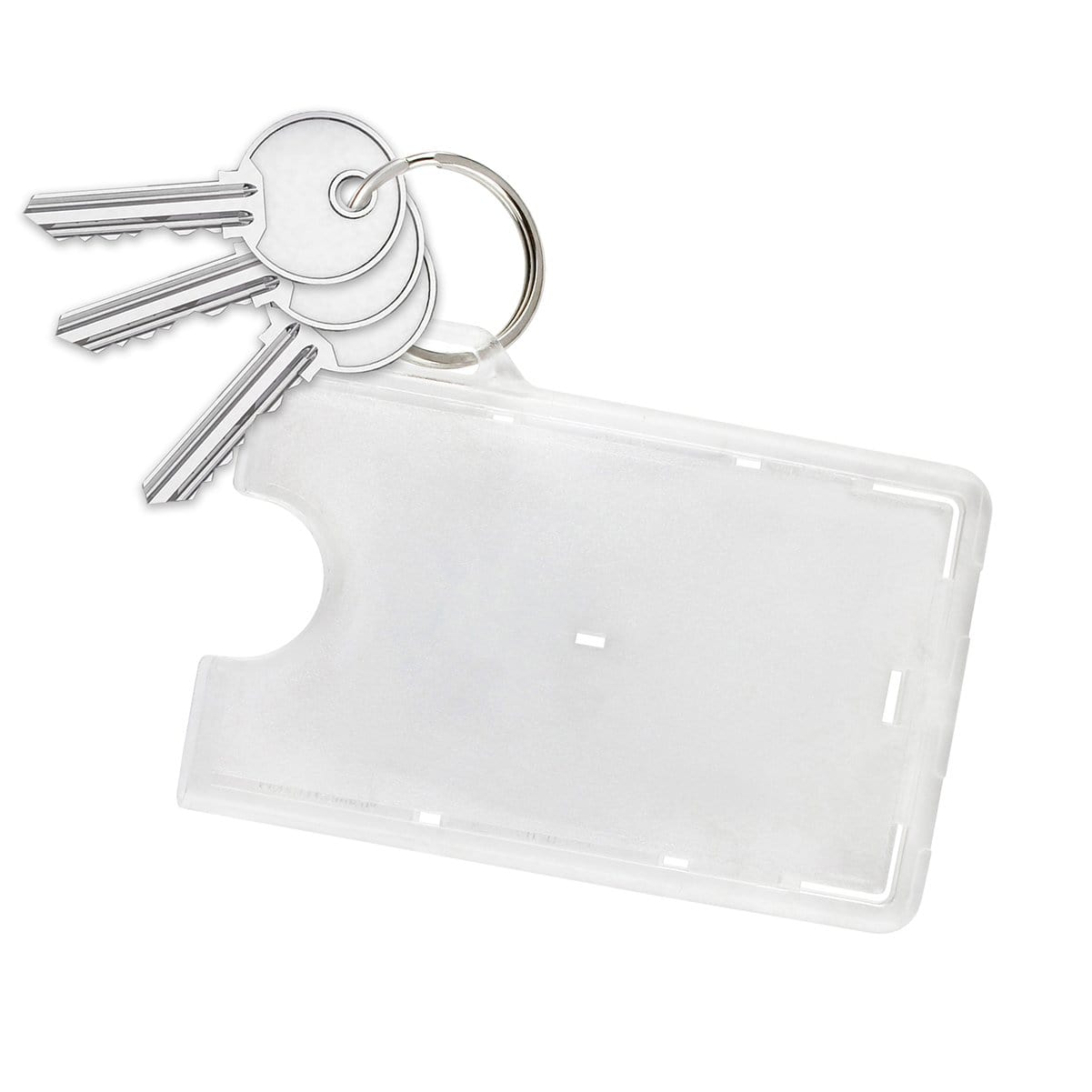 A clear plastic SPID Secure Fuel Card Holder with Key Ring (SPID-FUELCARD-RNG-C) with an attached key ring holding three silver keys.