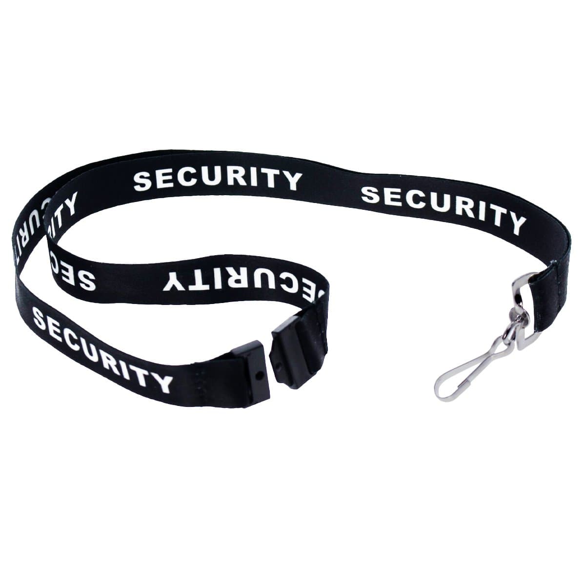 Black Security Lanyard (SPID-L-SECURITY) with the word "SECURITY" printed in white, featuring a metal clasp hook and a safety breakaway feature for added convenience and safety while carrying ID credentials.
