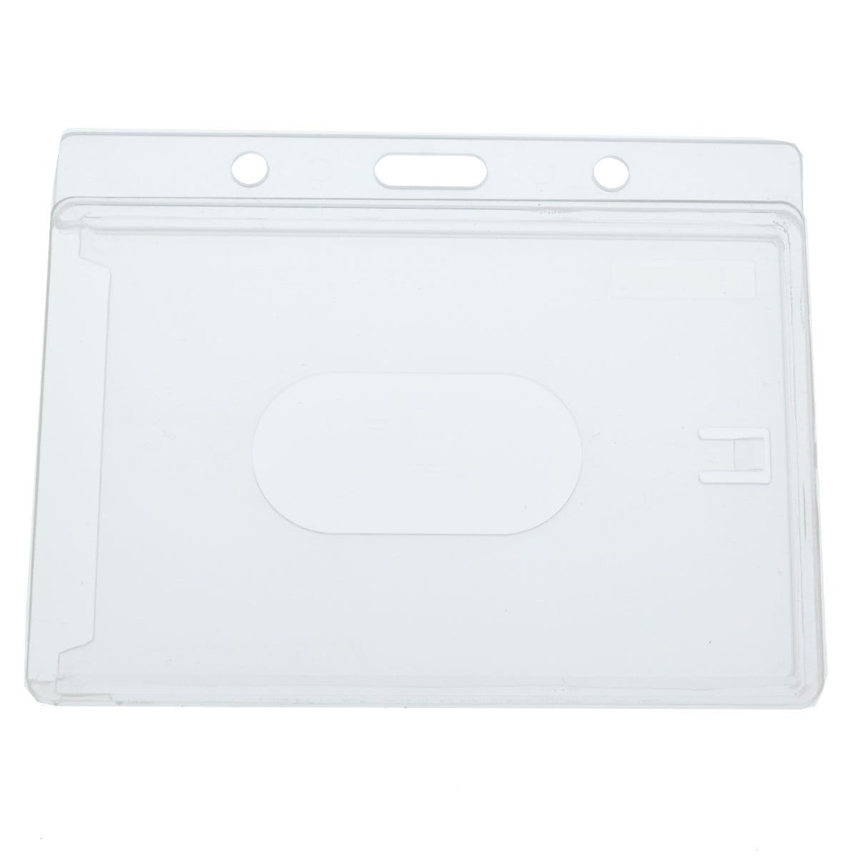 A clear plastic Horizontal 70 - 90 Mil ProxCard II / Thick HID Proximity Card Holder (SPID-PROX-H) with three punch holes at the top for attachment.