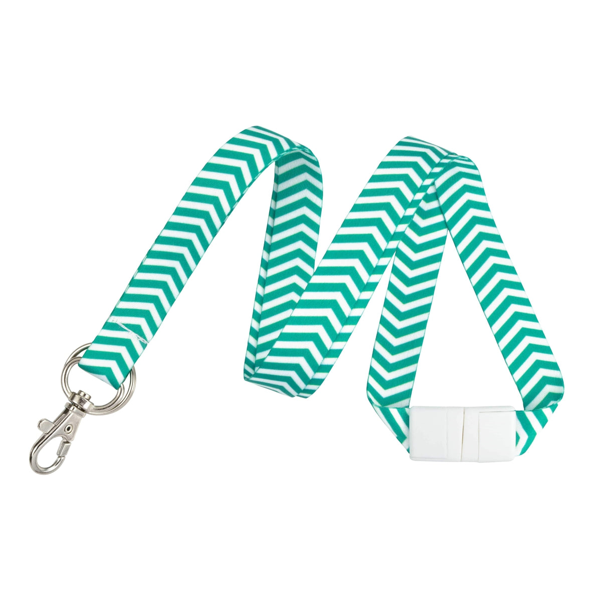 A stylish Chevron Pattern Fashion Lanyard with Key Ring and Trigger Snap Badge Clip (2138-628X) with a metal badge clip and a white plastic breakaway buckle.