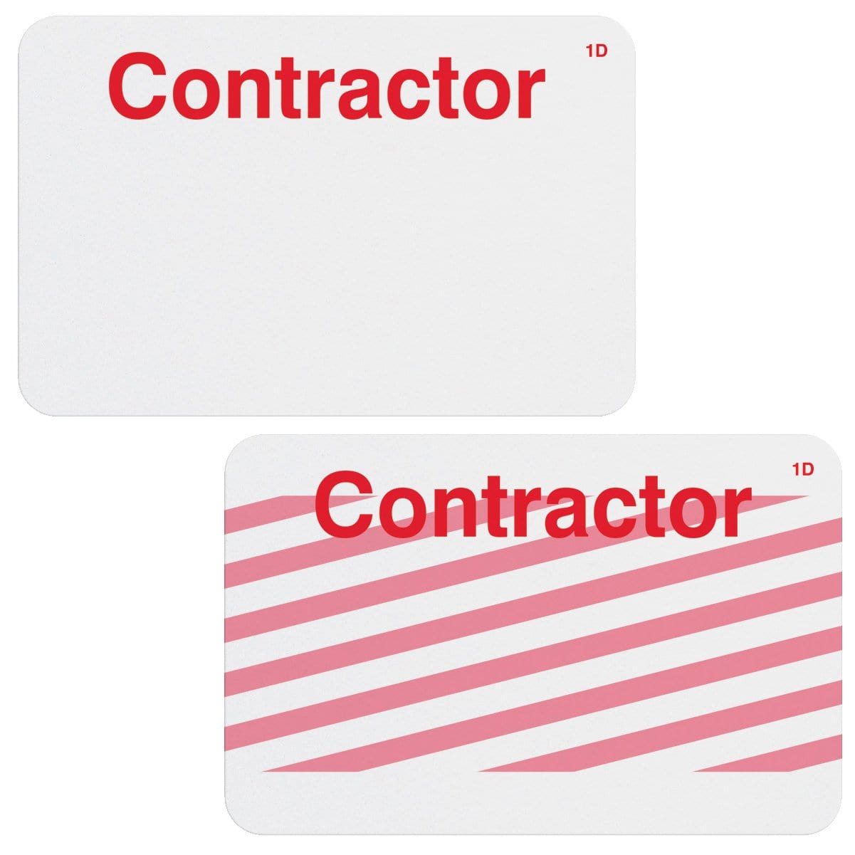 Two white contractor cards with the word "Contractor" in red text at the top and a small "1D" in the top right corner. The bottom card features diagonal pink stripes, serving as One Step Manually-Issued Self-Expiring Badges, Box of 500 (P/N T200X) for visitor identification.