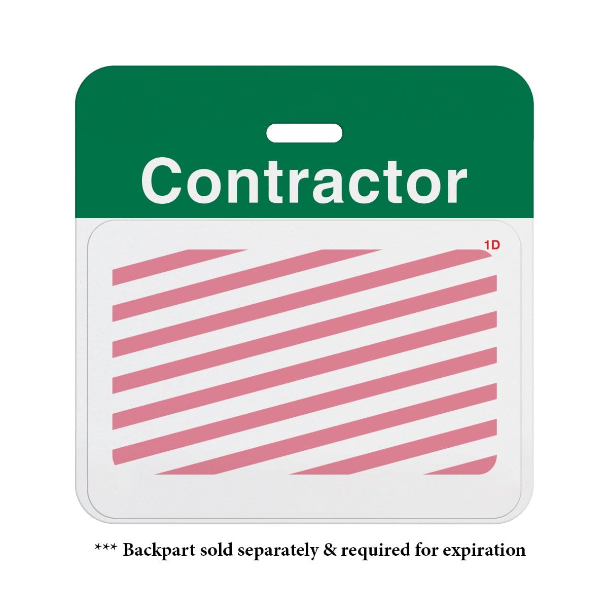 Image of a contractor badge card with diagonal pink stripes. The card packaging states that the Thermal-printable TIMEbadge Frontpart One-day Expiration (P/N T6151), which is sold separately and required for expiration, supports a customizable layout ideal for thermal printable badges.