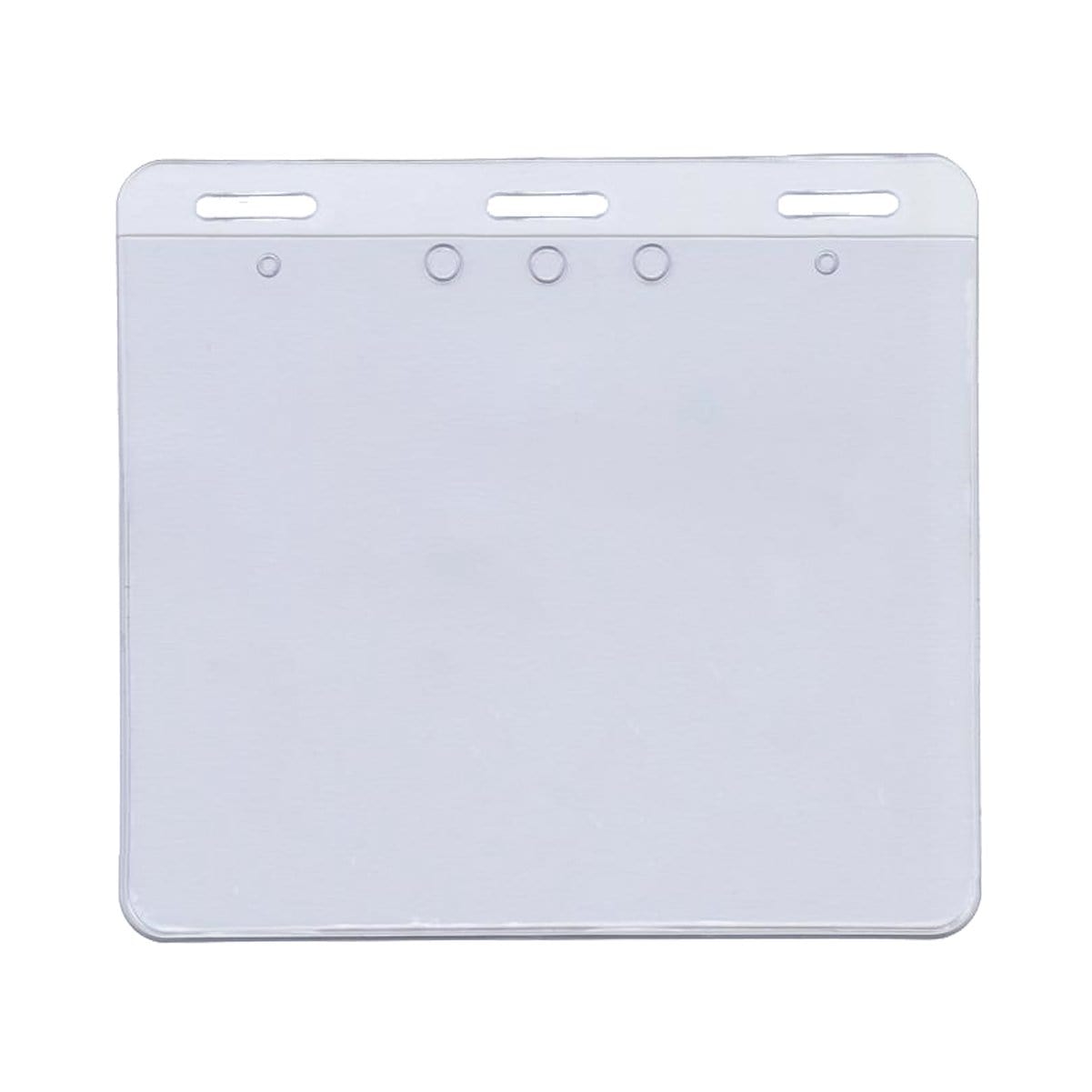 A 4x3 Extra Large Badge Holder - USA MADE Plastic Horizontal 4 1/2 x 3 1/2 Card Protector for Conference, Trade Show Events (SPID-1590) with three slot holes and three circular holes at the top, made in the USA.