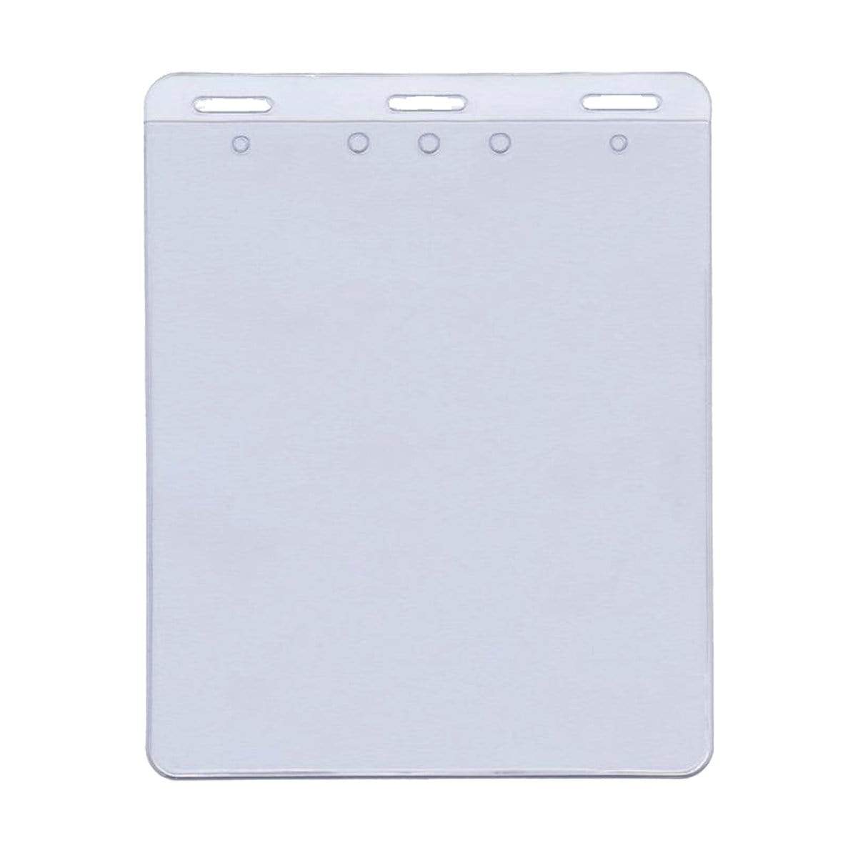 A 4x5 Badge Holder - USA Made - Large, Plastic 4 x 5 Card Sleeve for Event Tickets & Passes (SPID-1600) with slots and holes at the top for attachment, perfect for use as a CDC vaccination card holder.