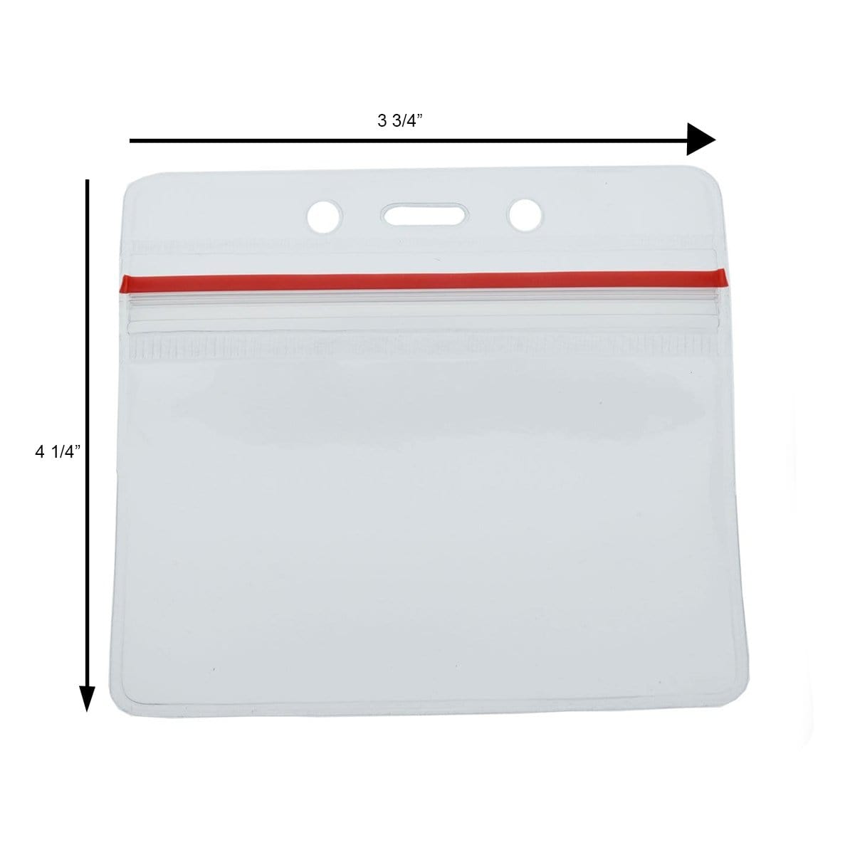 A Clear Horizontal Vinyl ID Holder with a Zipper Top (VBH-H-ZIP) featuring a clear horizontal vinyl design with a red zipper closure, two top holes for lanyards, and measuring 3 3/4 inches in width and 4 1/4 inches in height.