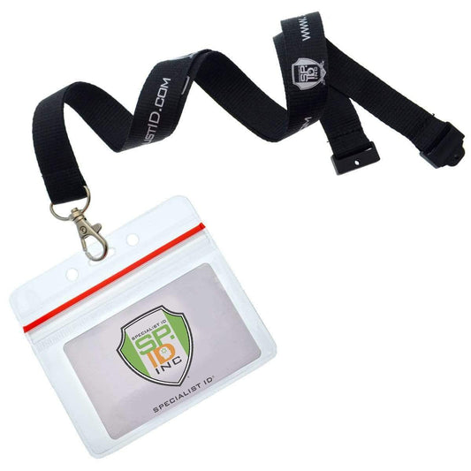 A black lanyard with a detachable clip is attached to a Clear Horizontal Vinyl ID Holder with a Zipper Top (VBH-H-ZIP), displaying a card with the text "Specialist ID Inc." and a shield logo.