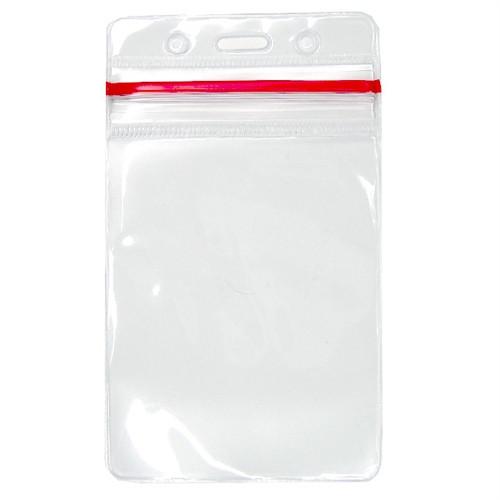 Clear plastic badge holder with a red zip lock seal and punched holes at the top for lanyard attachment. This Clear Vertical Vinyl ID Holder with a Zipper Top (VBH-V-ZIP) is perfect for keeping your badge secure and easily accessible.