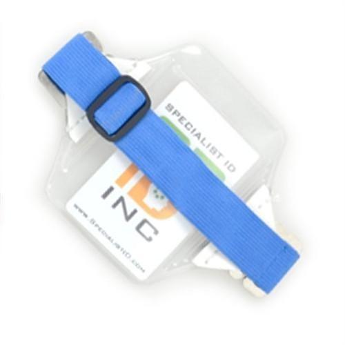 Image of a Clear Fuel Card Holder for Visor with Elastic Band with a Specialist ID card inside, secured by a blue strap.