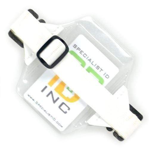 A Clear Fuel Card Holder for Visor with Elastic Band featuring a visible "Specialist ID Inc." logo on the card inside, doubling as a sleek vinyl badge holder.