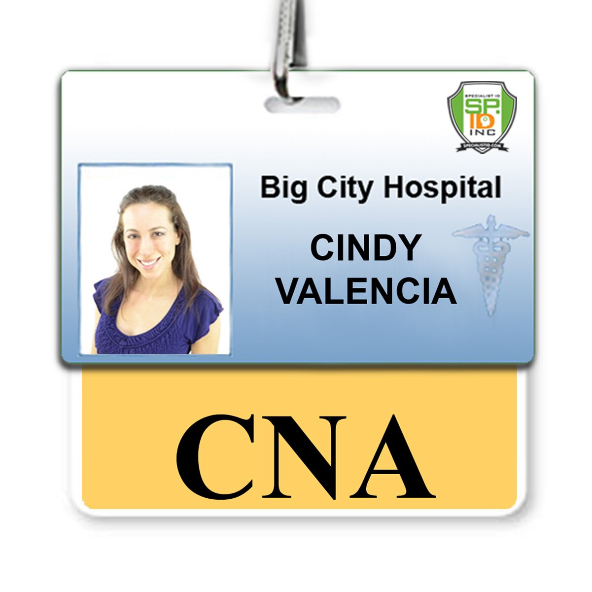 The ID badge from Big City Hospital for Cindy Valencia features her photo, name, and the title CNA (Certified Nursing Assistant), with a striking yellow border and complemented by a CNA Horizontal Badge Buddy with Yellow Border for easy identification.