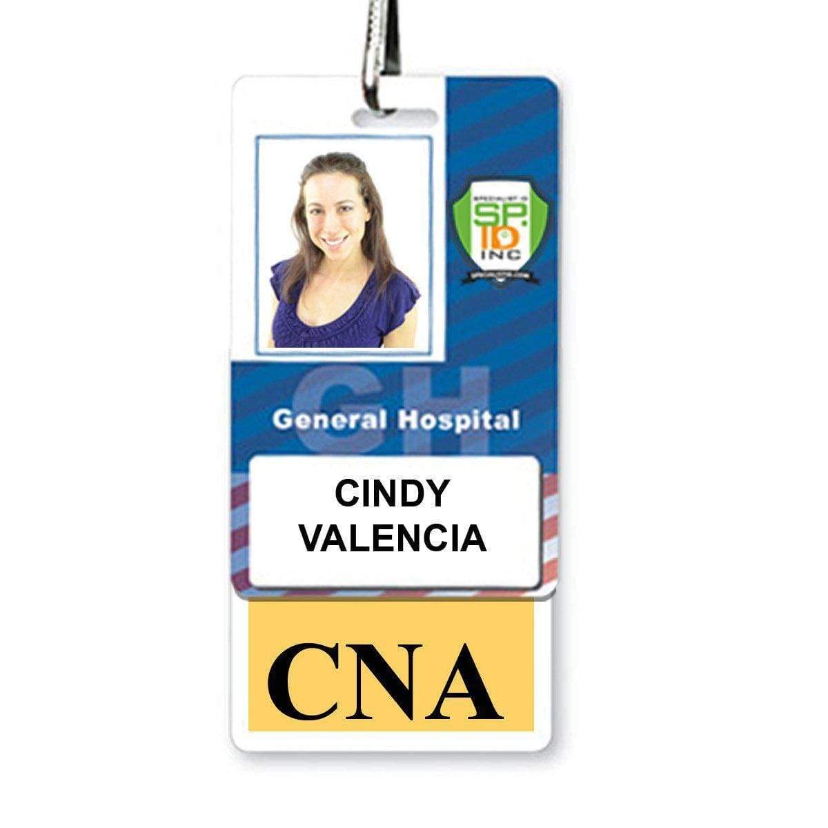ID badge for Cindy Valencia, featuring her photo and text indicating her affiliation with "General Hospital" and her Certified Nursing Assistant certification. This CNA Badge Buddy - Vertical Badge Buddies for Certified Nursing Assistant (Standard Size) is designed to seamlessly integrate with Vertical Badge Buddies for better visibility and convenience.