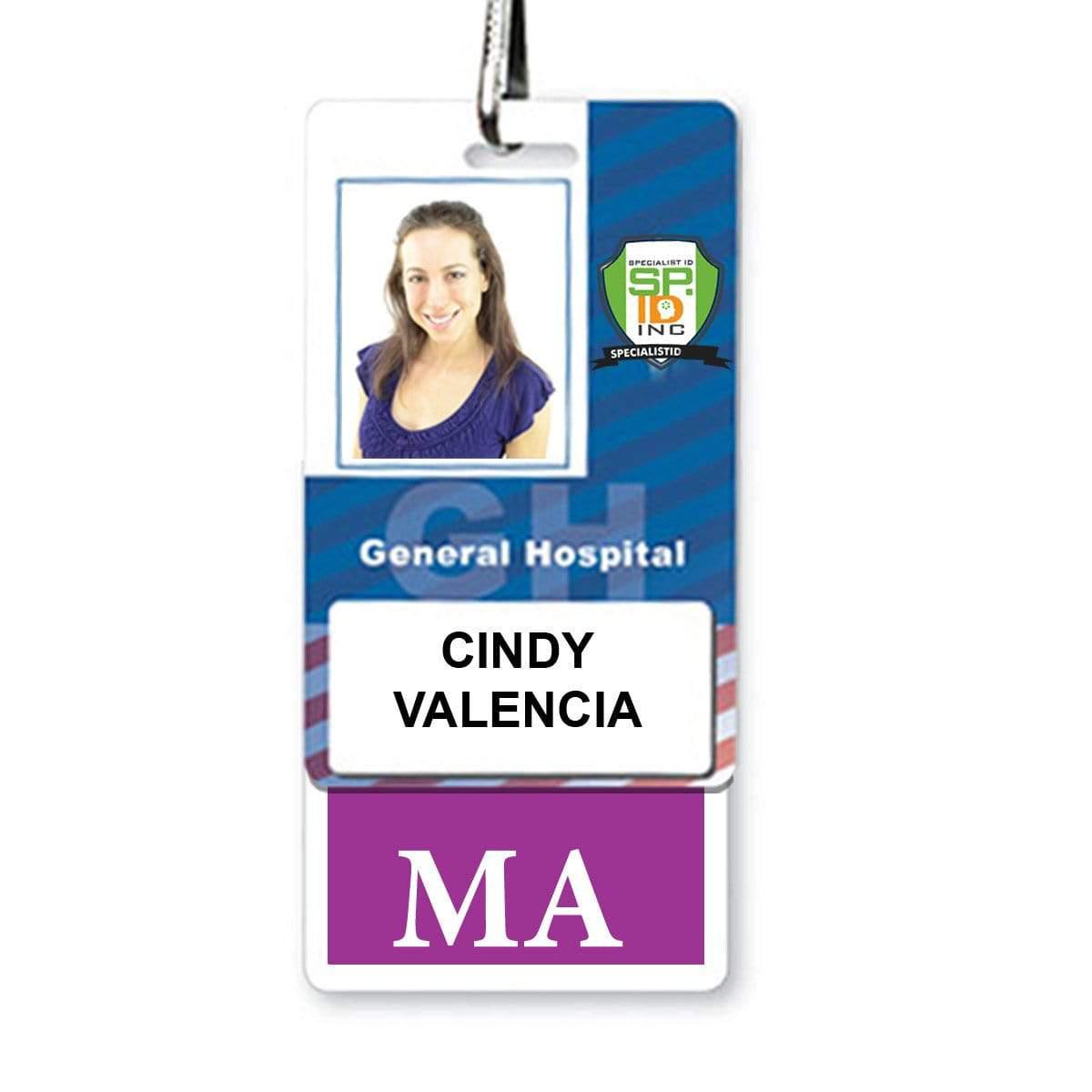 The Medical Assistant "MA" Vertical Badge Buddy with Purple Border for General Hospital showcases a headshot of the person, the name "Cindy Valencia," and the title "MA," providing clear role recognition in the hospital environment.