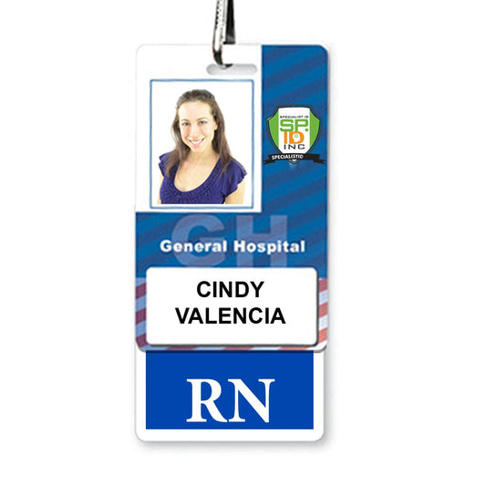 Identification badge of General Hospital featuring a headshot of Cindy Valencia with the title "RN" (Registered Nurse) and a specialized certification emblem. This RN Badge Buddy Vertical Hospital ID Badge Backer Card for Registered Nurses - Standard Size is essential hospital ID for key personnel.