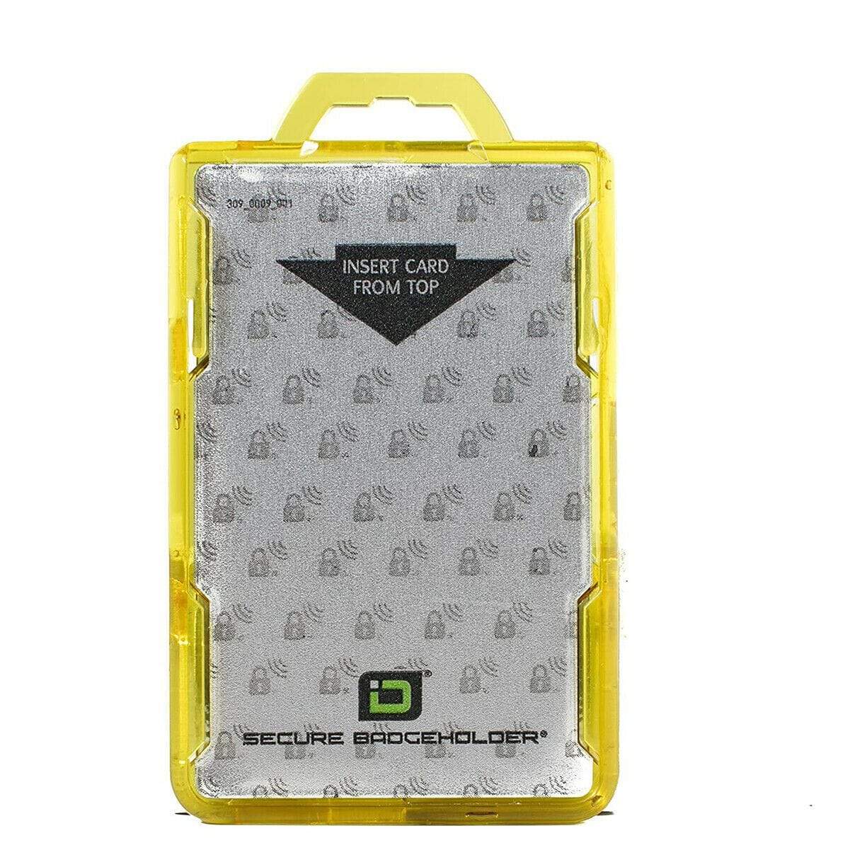 The Identity Stronghold RFID Blocking Secure ID Badgeholder DuoLite 2 Sided Shielded Badge Holder Blocks 13.56MHz Signal (IDSH2004-001B) is a yellow, durable polycarbonate secure badge holder with a transparent window, designed to insert a card from the top. The front features a grey interior with a pattern and the text "INSERT CARD FROM TOP.