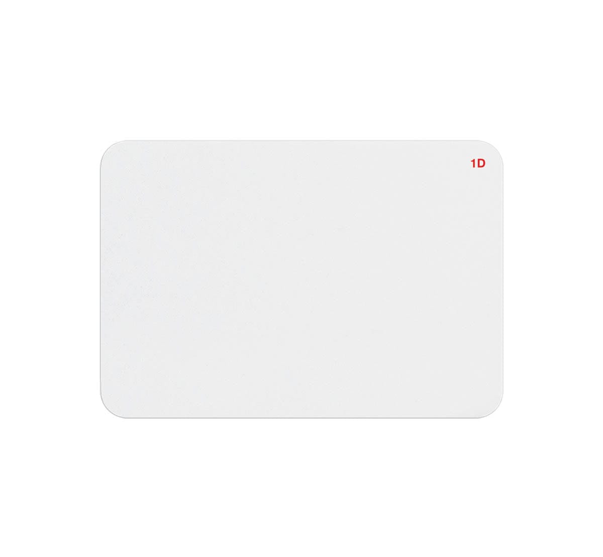 A plain white rectangular card with rounded corners, perfect for visitor management. The upper right corner is marked with "1D" in small red text, ideal for use as 1-day expiring badge front Box of 1,000 (T2020).