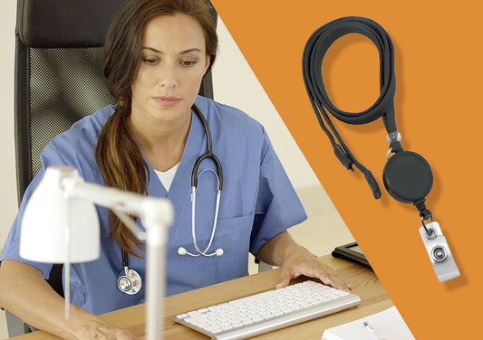 hospital worker using a badge reel during work