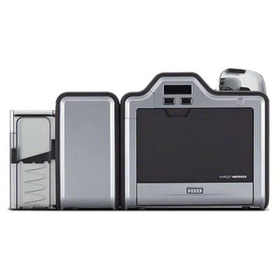 A grey and black card printer with multiple compartments and an LCD display, labeled "HID.
