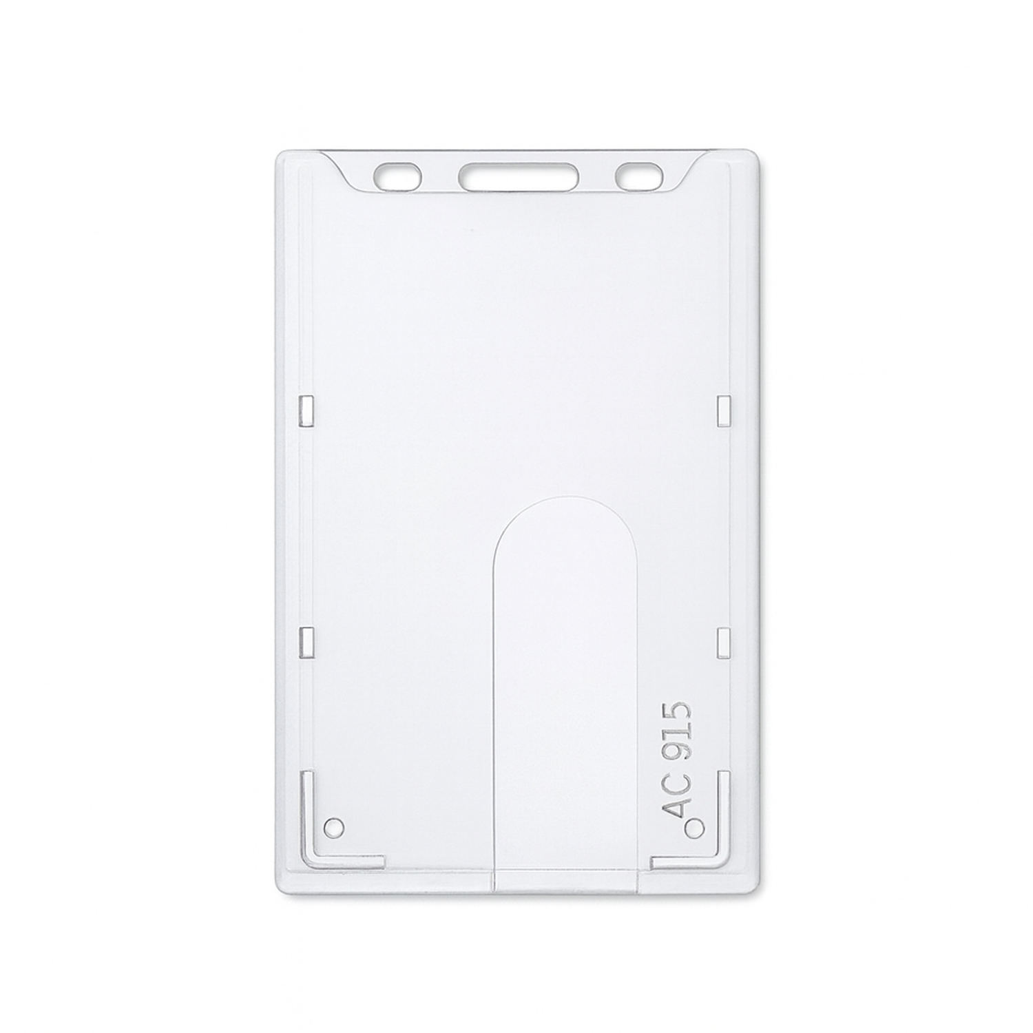 Clear plastic ID card holder with a vertical slot, rounded corners, and multiple cutouts for attachments. The code "AC 915" is printed on the bottom right edge.