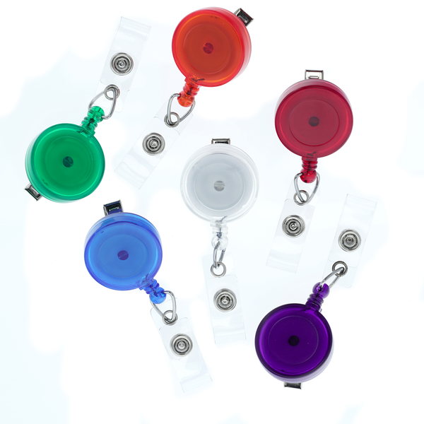 Six translucent retractable badge reels in purple, blue, red, orange, green and clear with swivel spring clips.